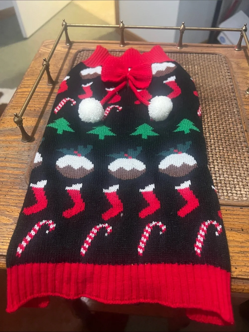 Festive Black & Red Christmas Dog Sweater with Pom-Pom Details